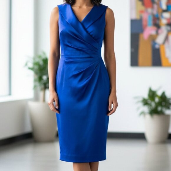Sleek Royal Blue Tahari Satin Cocktail Dress - Elegant Drape - Picture 1 of 4